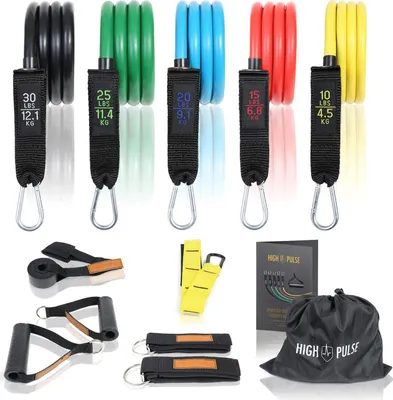 Obrázek produktu pro High Pulse sada odporových pásů s 5 popruhy včetně fusaků, úchytů, uspávadel, expandérů a cvičebních plakátů pro fitness trénink Odporové pásy pro silový trénink, domácí cvičení a jógu