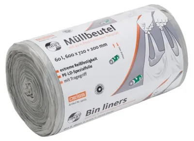 Produktbild von DEISS First Plus Pcr Müllbeutel 60 Liter, 34045 mit Tragegriff - Rolle | Rolle (50 Stück)