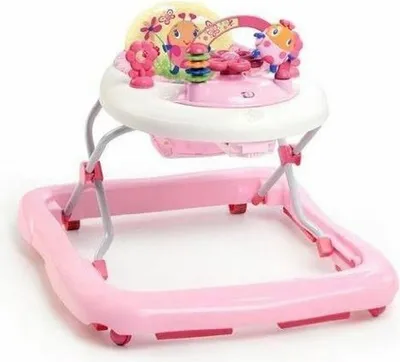 A pink baby walker with toys on the tray.