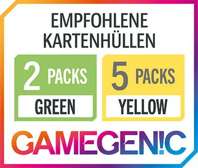 Marketing image showing recommended card sleeves in green and yellow packs, with the brand logo at the bottom.