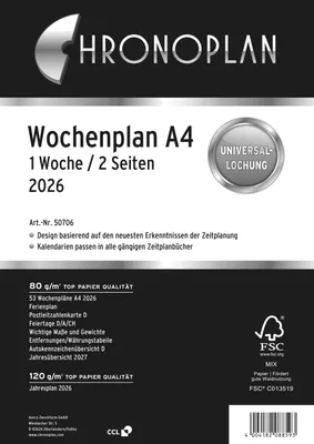 Image de Chronoplan 50706 agenda hebdomadaire, A4, 2026, blanc, 210 x 297 mm, contenu : 62 feuilles / 1 pièce