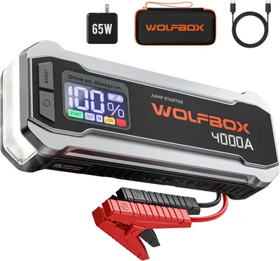 Immagine prodotto di Avviatore di emergenza per auto potente - 4000A - Booster di avviamento da 24000mAh - Caricabatterie rapido da 65W - Torcia LED