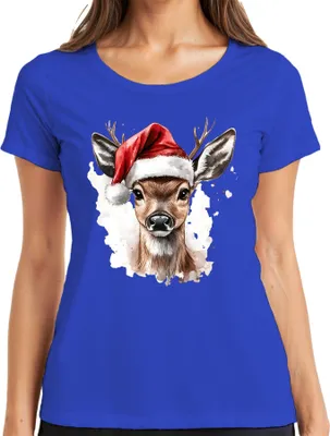 Obrázok produktu pre Fawn Santa Hat Vianočná akvarelová slávnostná darčeková retro dámska košeľa, modrá, M