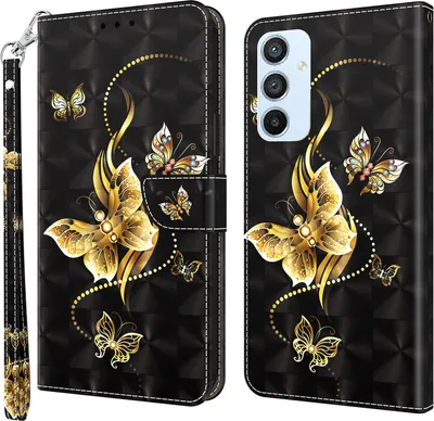 Produktbild von CLM-Tech Hülle kompatibel mit Samsung Galaxy S23 5G - Tasche aus Kunstleder - Klapphülle mit Ständer und Kartenfächern, goldene Schmetterlinge schwarz