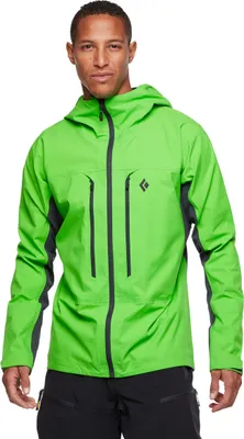 Herrenjacke "M Dawn Patrol Hybrid Shell" von Black Diamond in leuchtendem Grün mit Kapuze und Reißverschluss.