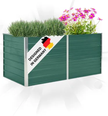 A green raised garden bed filled with plants, with a label indicating it is designed in Germany.