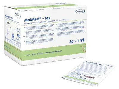 Produktbild von MaiMed-Tex-steril Gr. 8, leicht gepudert Latex-OP-Handschuhe zu 50 Paar/Box | Box (50 Stück)