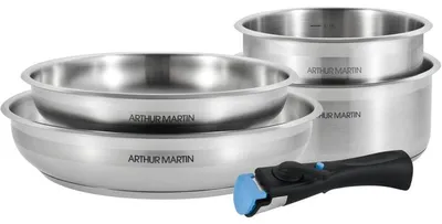 Produktbild von ARTHUR MARTIN AM2189 Kochgeschirr-Set 5-tlg. Edelstahl 18/10, abnehmbarer Griff, Induktion, 2 Pfannen 22/26 cm, 2 Töpfe 16/18 cm