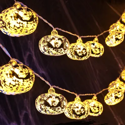 Produktbild von 2.5m Halloween Golden Kürbis LED Lichterkette 8 Lichtmodi Batteriebetriebene für Home Party Garten Dekoration