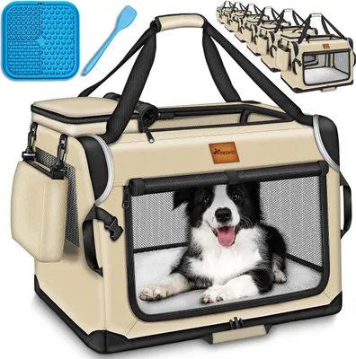 Produktbild von TRESKO® Hundebox faltbar Beige (XXXL 102x69x69cm) inkl. Leckmatte, Spatel & Reflektoren | Transportbox für Hunde und Katzen | Hundetransportbox für kleine & große Hunde | Hundetasche robust