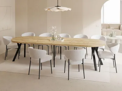 Produktbild von Esstisch Rund Groß XXL Ausziehbar im Loft-Stil – 100 bis 300 cm – Extra Lang Ausziehtisch mit Schwarzen Holzbeinen, Industrieller Tisch für 5-16 Personen – Esszimmertisch – Eiche Hell Braun
