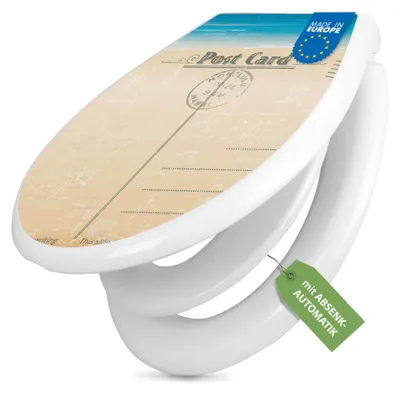 Produktbild von banjado Familien WC Sitz weiß mit Kindersitz und Absenkautomatik und Motiv Postkarte [TDWK 10316]