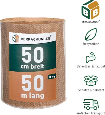 Produktbild von 2 x Luftpolsterfolie (0,5 x 50 m) 3-lagig 75 my Papierkaschiert Schutzfolie Noppen Versandfolie Polster Verpacken Knallfolie Transport BB-Verpackungen