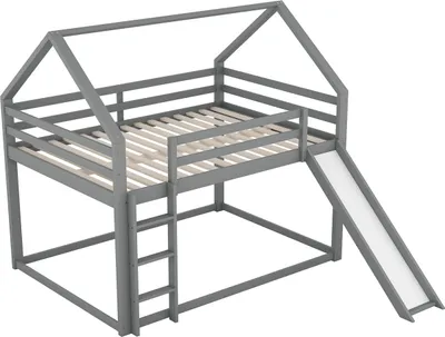 Produktbild von Doppelbett(Grau,140x200cm)Kinderbett Hausbett Etagenbett mit Rutsche und Leiter, Kinderzimmer Hoch-Doppel-Stockbett