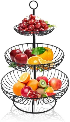 Productafbeelding van Ibenzoa® Fruitmand van metaal, drielaags, zwart – 3 afneembare manden met diameters van 16/24/30 cm, hoogte 48 cm, gelakt – decoratieve opbergoplossing voor fruit en groenten