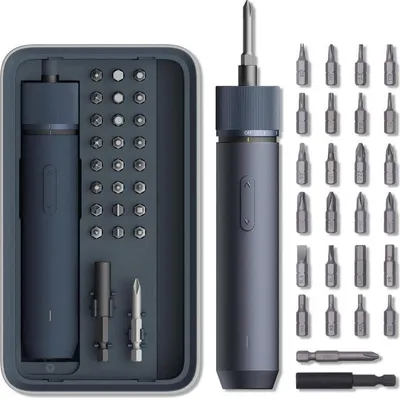 A product shot of an electric screwdriver set with multiple bits, displayed in its case and separately.