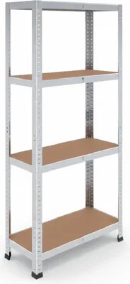 A four-shelf metal storage rack with brown shelves, shown against a white background.