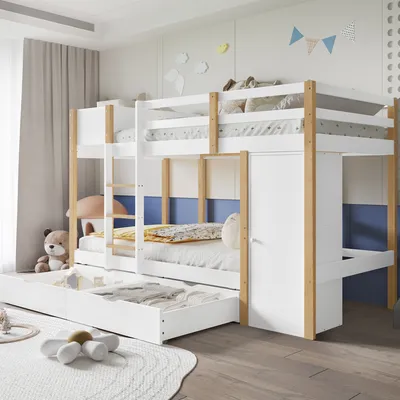Obrázek produktu pro MODFU Patrová postel pro děti 90x200 cm se třístupňovým žebříkem, 2 úložné prostory, 2 zásuvky na kolečkách, patrová postel s ochrannou zábranou, Bílá + přírodní (Bez matrace)