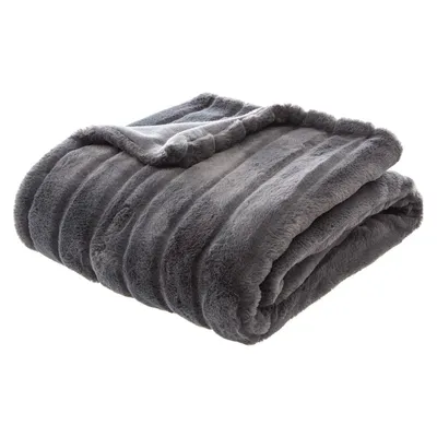 A folded gray faux fur blanket.