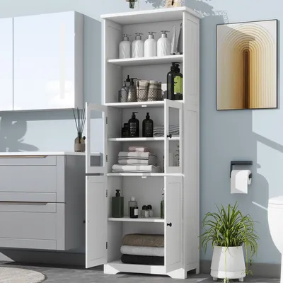 Productafbeelding van Badkamerkast, 57x28x160 cm, met glazen en houten deuren, open vakken en verstelbare planken