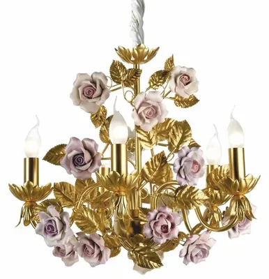 Produktbild von Casa Padrino Luxus Barock Kronleuchter mit 24 Karat Vergoldung und Porzellan Rosen Antik Gold / Pink Ø 52 x H. 42 cm - Italy