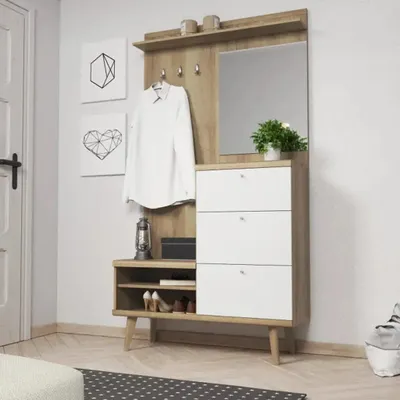 Produktbild von Garderobe- set PRIMO PG110 Wandgarderobe mit Spiegel Schuhschrank Weiß / Eiche Riviera