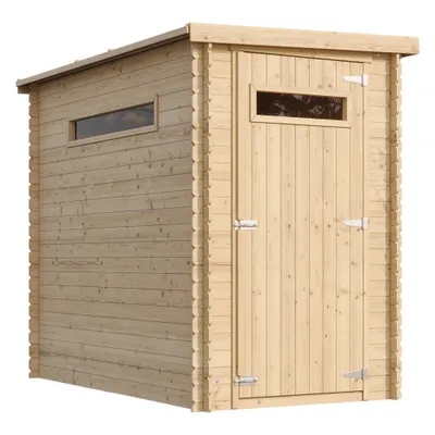 A wooden garden shed with a door and two windows, presented on a white background.