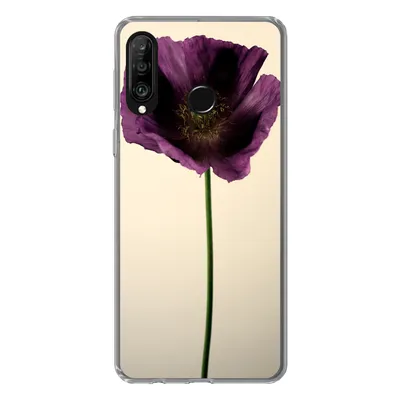 A close-up of a purple poppy flower on a light yellow background, displayed on a phone case.