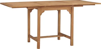 A wooden garden table with extendable leaves.