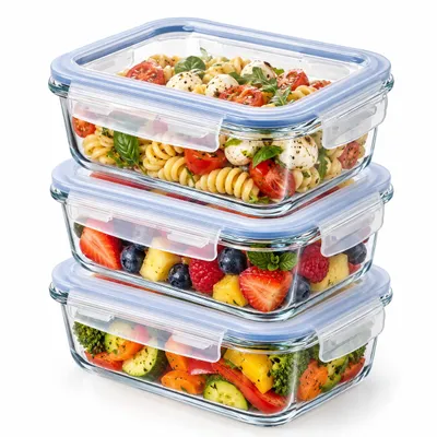 Productafbeelding van KADAX glazen containers met deksel, 3 stuks, voedselopslag, vaatwasserbestendige containers voor levensmiddelen, afsluitbare (rechthoekig, 1520 ml)