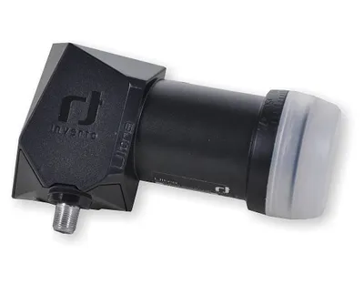 A black satellite LNB with a clear protective cap.