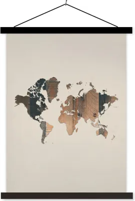 Produktbild von MuchoWow® Textilposter Weltkarte - Holz - Braun 120x160 cm mit schwarzem Rahmen - Magnetischer