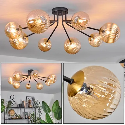 Produktbild von Isorella Deckenlampe aus Metall/Glas in Schwarz/Goldfarben/Bernsteinfarben