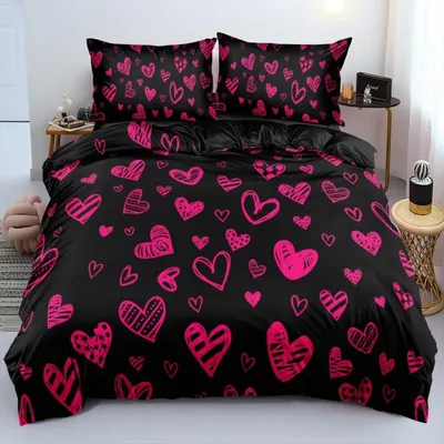 Produktbild von Bettwäsche-Set 155x220 cm Mädchen Schwarz Rosa Herzen 3-teilig Mikrofaser mit Reißverschluss