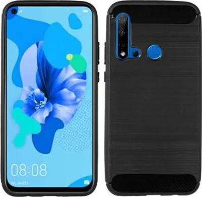 Produktbild von cofi1453® Silikon Hülle Bumper Carbon kompatibel mit HUAWEI P20 LITE 2019 Case TPU Soft Handyhülle Cover Schutzhülle Schwarz
