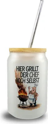Produktbild von Fröhlicher Koch am Grill Trinkglas mit Bambusdeckel Chef grillt selbst