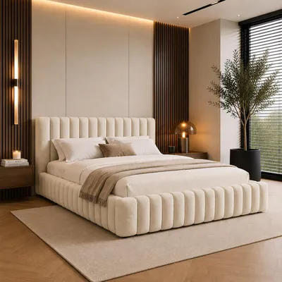 Produktbild von FURNISTAR Polsterbett BLIVIO 120x200 cm, Polsterbett mit Bettkasten, Stauraum und Lattenrost, Doppelbett, Boxspringbett-Optik, Creme