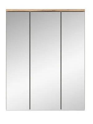 A three-door mirrored cabinet with a wood-tone top.