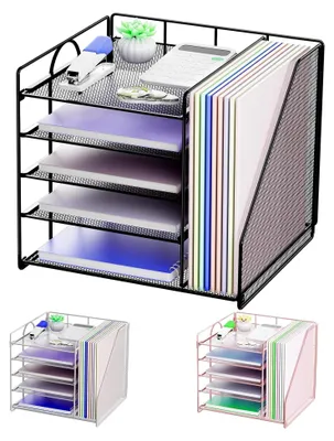 Produktbild von Schreibtisch-Organizer, 5-stufiger Papierkorb-Organizer mit Aktenhalter, Netz-Aktenhalter, Aufbewahrung für Schreibtischzubehör und Büromaterial, Schwarz