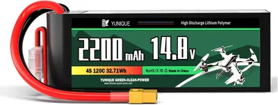 Immagine prodotto di Batteria LiPo 4S 14.8V 2200mAh 120C con connettore XT60 - Custodia morbida, cavo in silicone - Per droni da corsa FPV e auto RC - 106x34x29mm, 210g