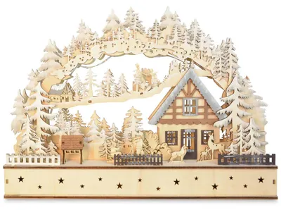 Produktbild von LED Schwibbogen "Winterkinder mit Landhaus" 40 x 29 cm | 76118 Natur - Holz Lichterbogen