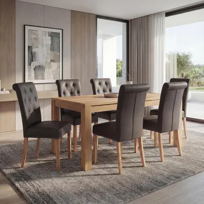 Immagine prodotto di set di 6 sedie per sala da pranzo Chesterfield II, sedia da cucina, rivetti ~ Pelle finta, caffè, gambe chiare