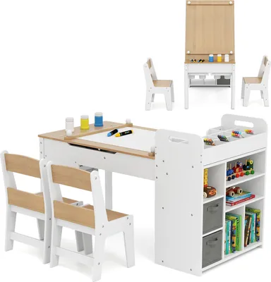 A children's art table and chair set with storage.