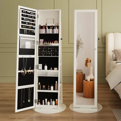 Produktbild von Dripex Schmuckschrank mit Spiegel stehend, Spiegelschrank mit Innenspiegel, Schmuck Organizer mit Ablagen 3 in 1, 360° drehbar, abschließbar, weiß