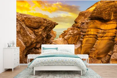 Produktbild von MuchoWow® Fototapete für Wohnzimmer oder Schlafzimmer Wandtapete Vinyl Motivtapete Felsen - Meer - Sonnenuntergang - Natur - Wasser - 350x260 cm - Wohnzimmer-Tapete