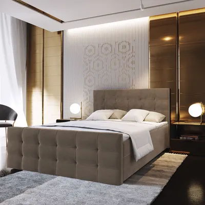 A bedroom scene featuring a bed, nightstands, and lamps.
