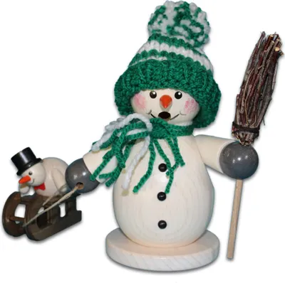 Produktbild von Holzwaren Egermann Räucherfigur aus Holz - Schneemann mit Schlitten & Kind - in Grün - ca. 15cm - 965