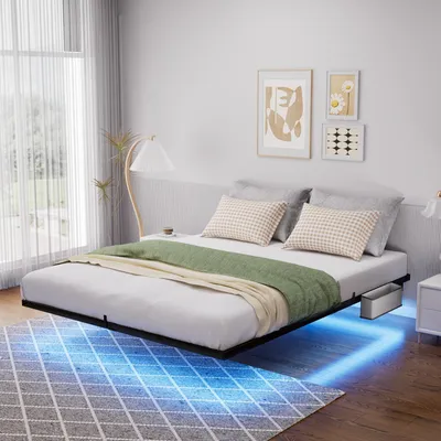 Produktbild von 140 x 200 cm großes schwebendes Metallbett mit LED-Beleuchtung, Metalllattenrost, stabilem und robustem schwebendem Bettrahmen