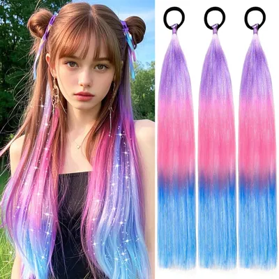 Produktbild von Haarverlängerung geflochten 3 Stück 24 Zoll Farbverlauf Hellviolett Rosa Blau Kunstfaser