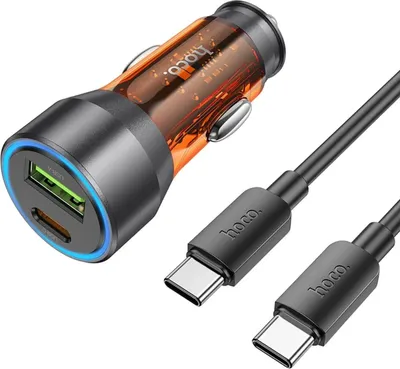Immagine prodotto di Caricabatterie da auto HOCO USB QC 18W + tipo C 25W + cavo da tipo C a tipo C PD43W NZ12A arancione trasparente